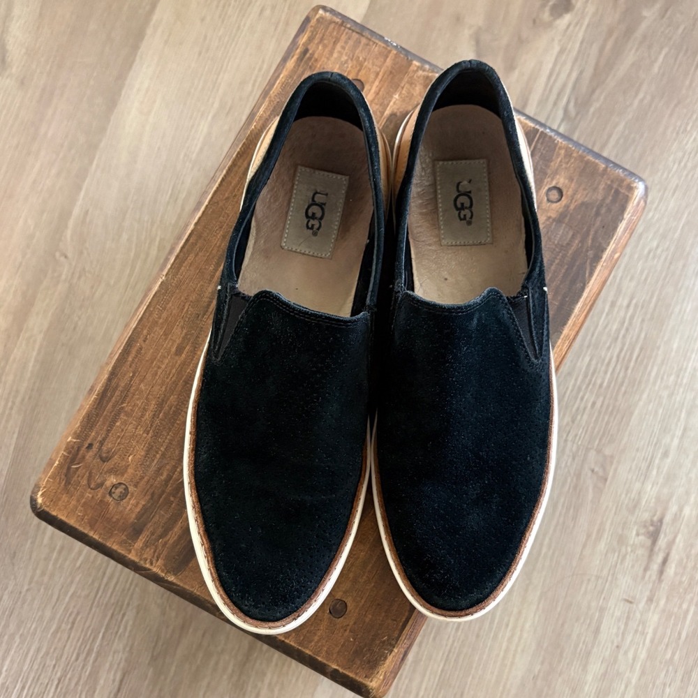 UGG Adley Black Suede Perforated Slip On Sneakers Tan Leather Heel 1091749 9